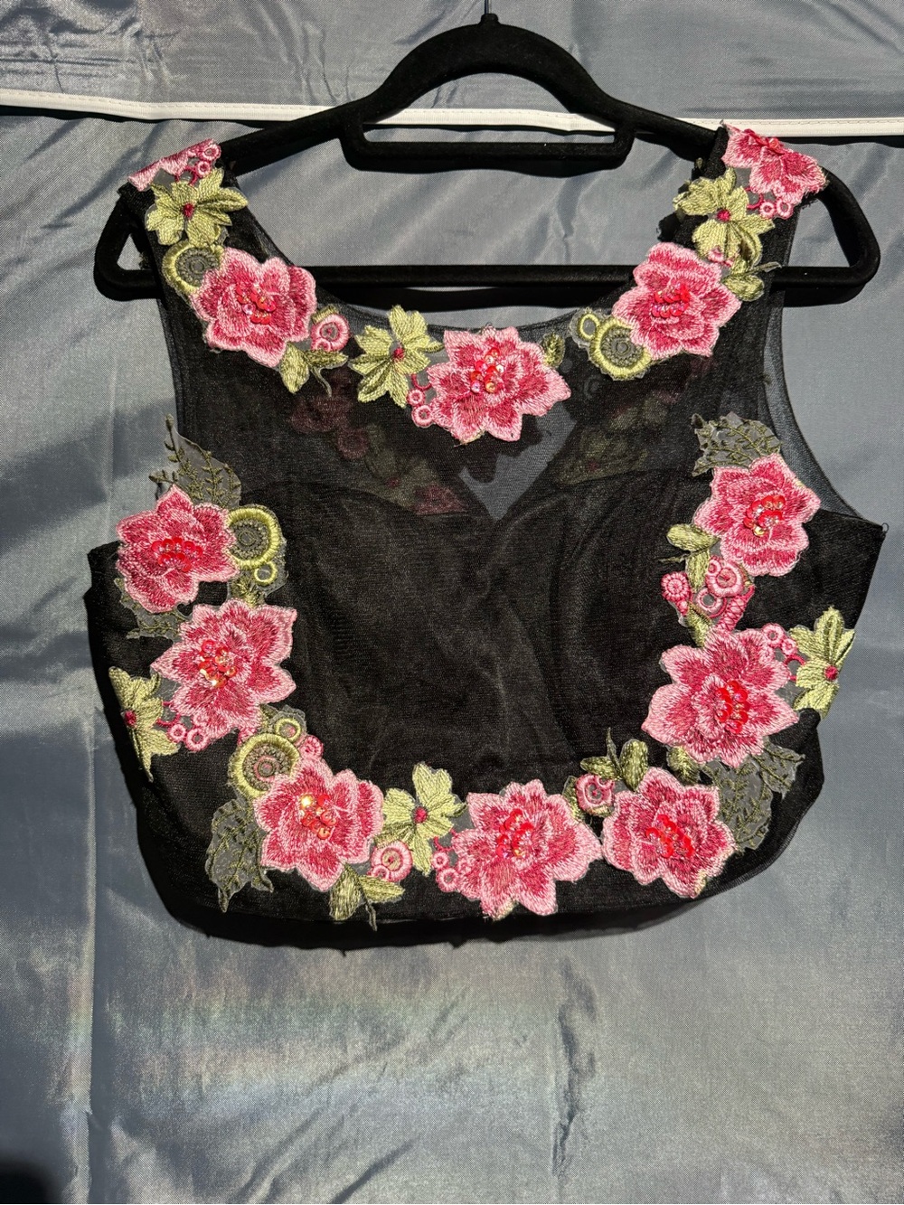 Narianna Black Crop Top with Pink Floral Appliqué